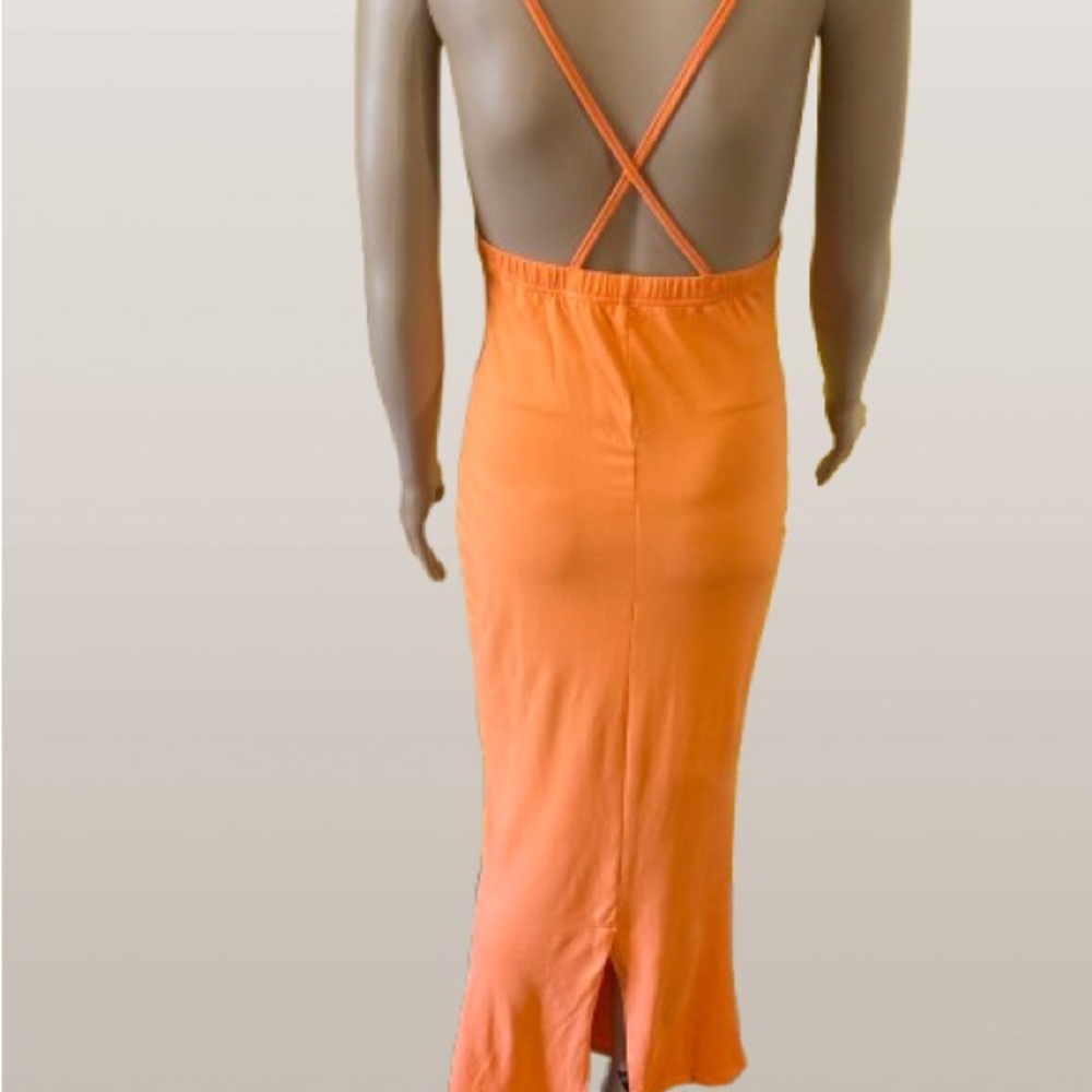 Orange Bodycon Midi Dress with Square Neck - Picture 2 of 4